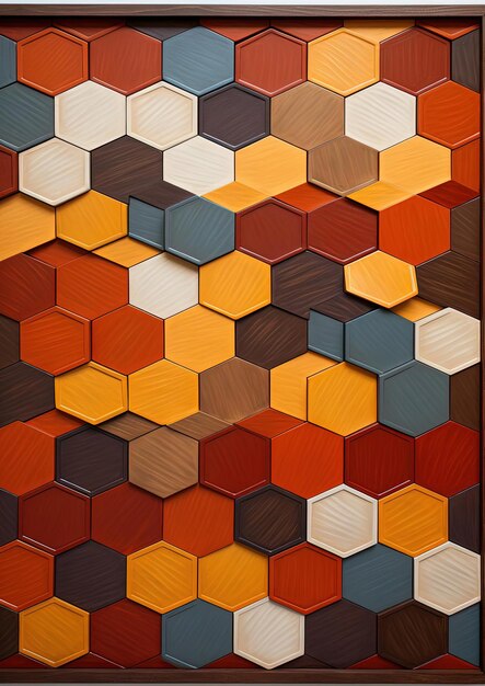 hexagone géométrique encadré en bois dans le style de la peinture colorfield