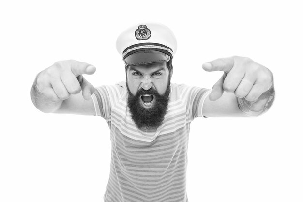 Hey you Sailor spirit Marin barbu caméra de pointage isolé sur blanc Marin ou marin avec longue barbe et moustache Travailler comme marin Marin professionnel Marine et marine Concept d'aventures en mer