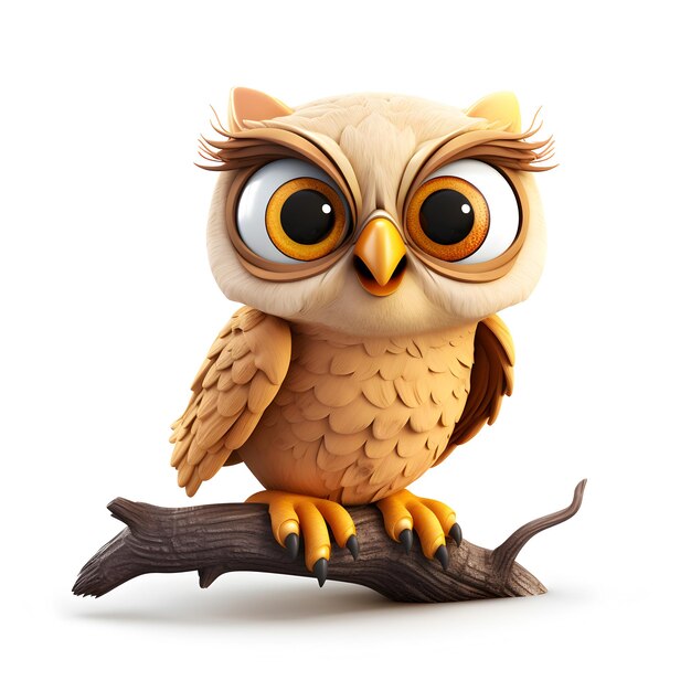 Le hibou en 3D sur l'arbre isolé sur le blanc