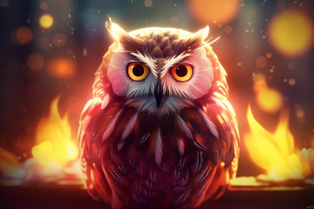 Un hibou animé de feu assis près d'un feu dans le style du réalisme coloré Generative AI