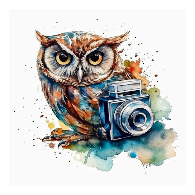 un hibou aquarelle avec un appareil photo sur fond blanc