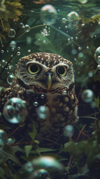 Un hibou assis dans l'herbe avec des bulles