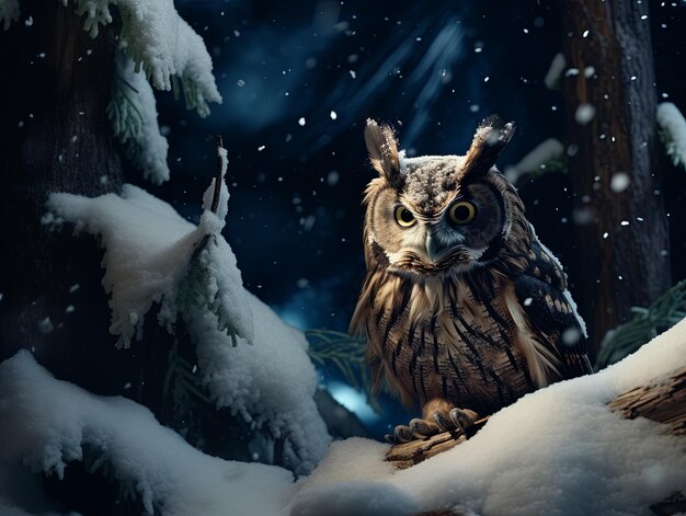 Photo le hibou au milieu de la tempête de neige de la nuit d'hiver