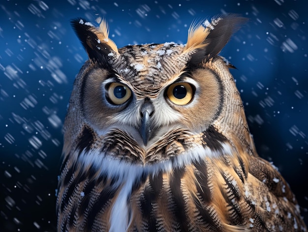 Le hibou au milieu de la tempête de neige de la nuit d'hiver