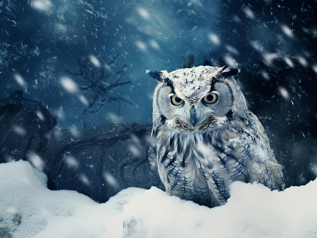 Photo le hibou au milieu de la tempête de neige de la nuit d'hiver