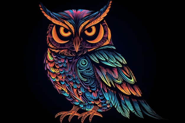 Hibou aux couleurs vives assis sur fond noir avec fond noir Generative AI