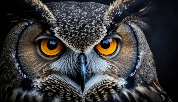 Un hibou aux yeux jaunes et au bec noir