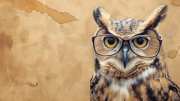 Un hibou bien informé avec des lunettes perché sur un fond brun chaud