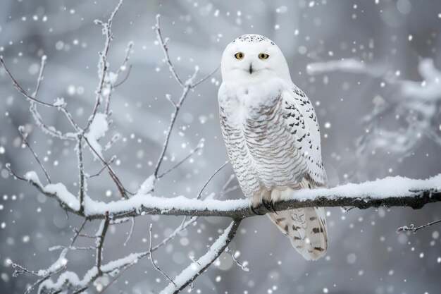 Photo un hibou blanc assis sur une branche couverte de neige en hiver