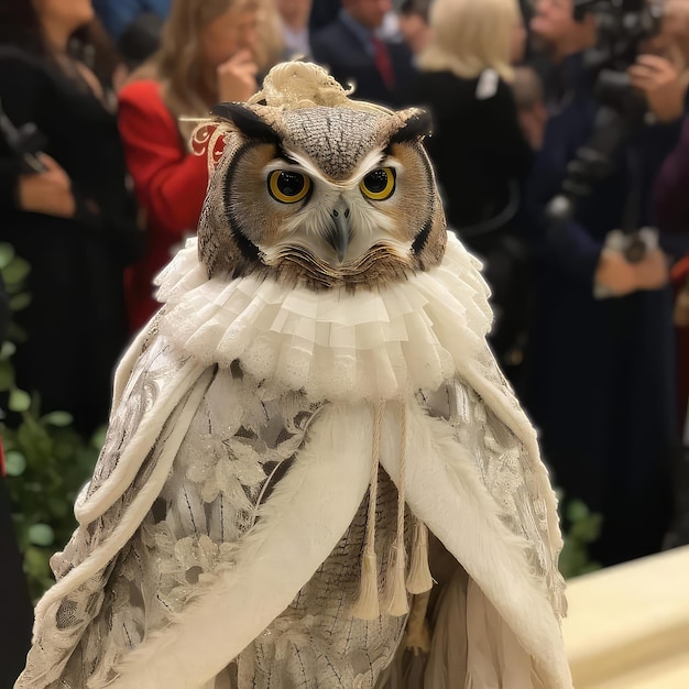 Un hibou blanc avec un collier blanc et un ruban rouge sur son cou se tient devant une foule.