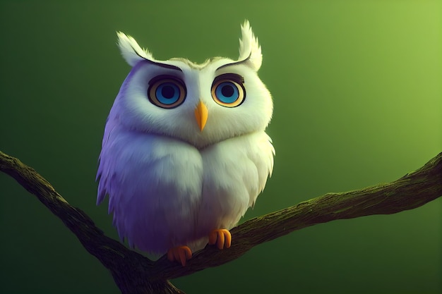 Un hibou blanc est assis sur une branche sur un fond de feuillage vert illustration 3d