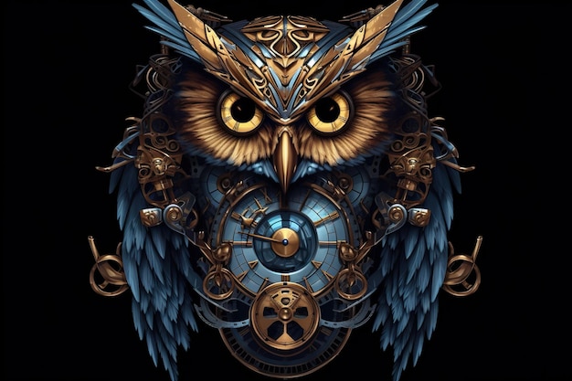 Un hibou bleu et or avec une horloge sur son visage Image AI générative