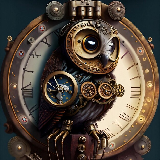 Photo un hibou bleu et or avec une horloge sur le visage