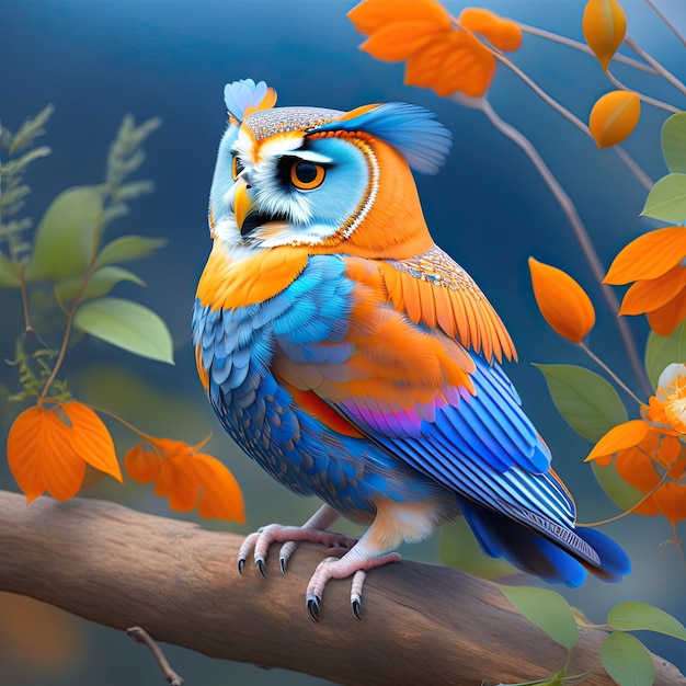 Le hibou en bleu et en orange