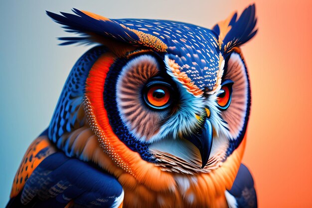 Le hibou en bleu et en orange