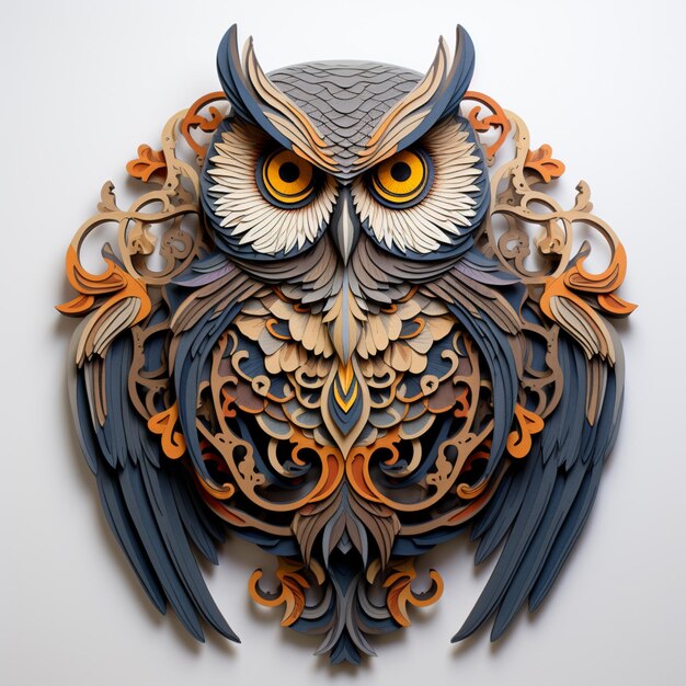 hibou en bois sculpté coloré