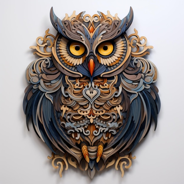 hibou en bois sculpté coloré