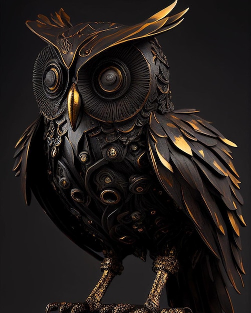 Un hibou de bronze est assis sur un fond noir.