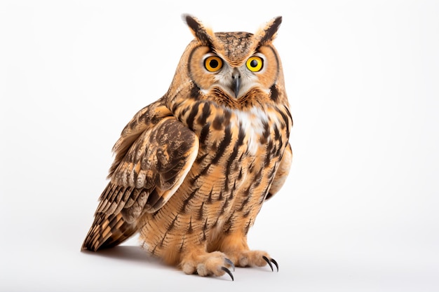 un hibou brun aux yeux jaunes assis sur une surface blanche