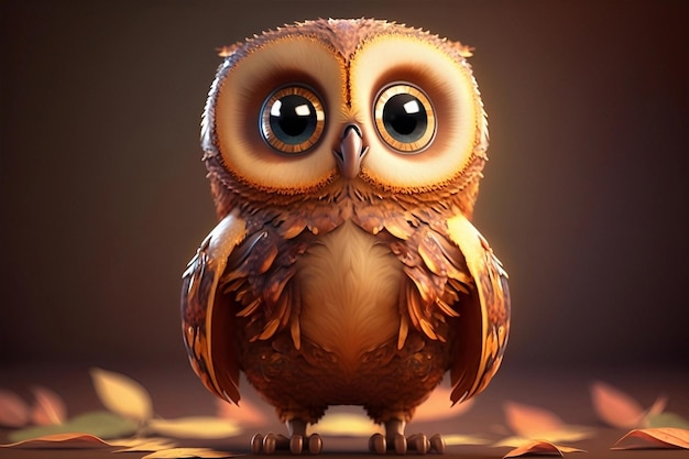 Un hibou brun avec de grands yeux est assis sur une surface brune.