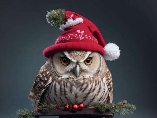 Un hibou avec un christmashat à la main