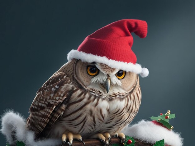 Un hibou avec un christmashat à la main