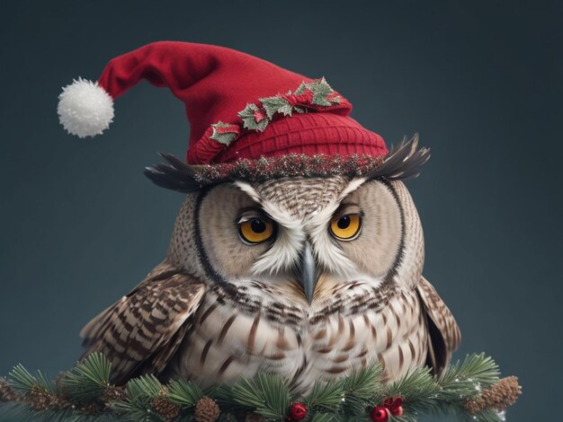 Un hibou avec un christmashat à la main