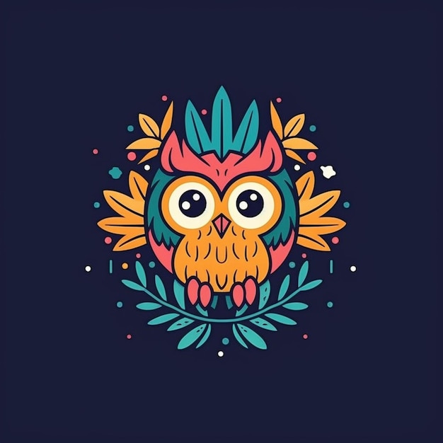 un hibou coloré avec des feuilles et des fleurs sur fond sombre ai générative