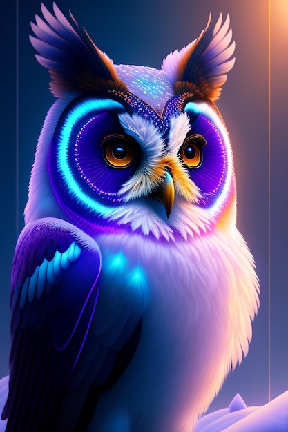 Un hibou coloré avec un fond bleu et violet