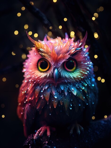 un hibou coloré avec des yeux jaunes et un fond coloré