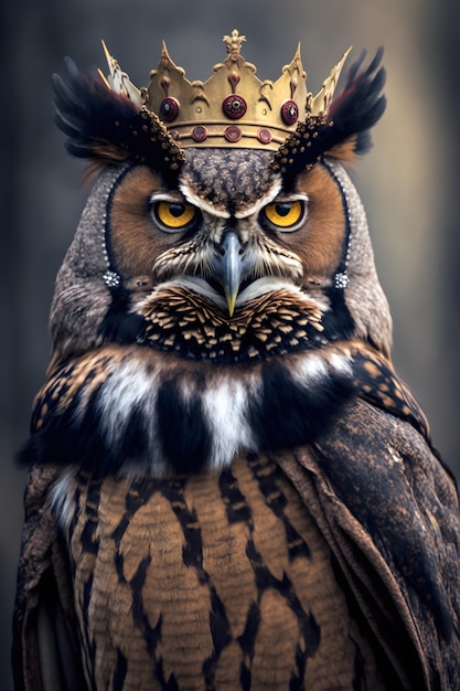 Un hibou avec une couronne en or et une bordure en or.