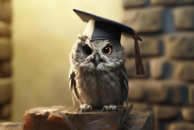 un hibou dans un bonnet de graduation debout sur un morceau de pierre dans le style du portrait hyperréaliste