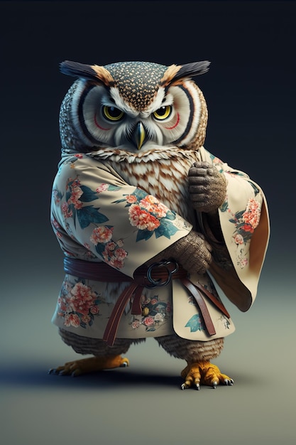 Un hibou dans un kimono faisant des poses de karaté