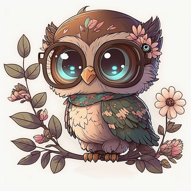 Un hibou de dessin animé aux grands yeux bleus est assis sur une branche avec des fleurs.