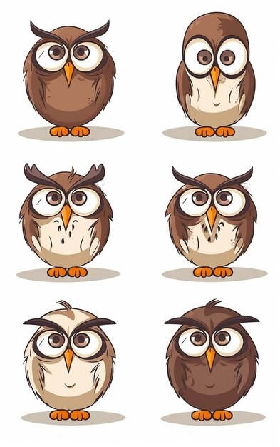 Un hibou de dessin animé avec différentes expressions faciales