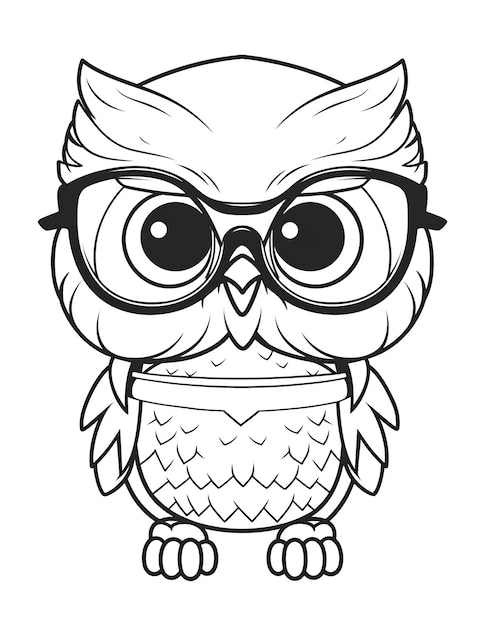 Un hibou de dessin animé portant des lunettes sur un fond blanc Image IA générative Livre de coloriage pour les enfants