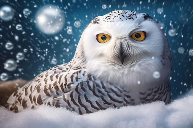 un hibou enneigé assis dans la neige avec des bulles