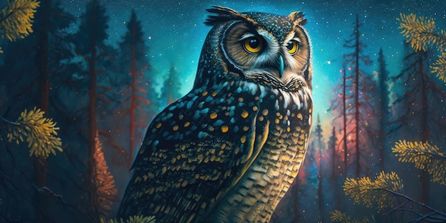 Le hibou entouré de forêt la nuit