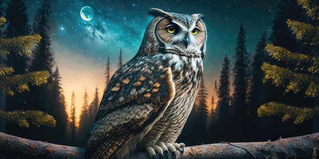 Le hibou entouré de forêt la nuit