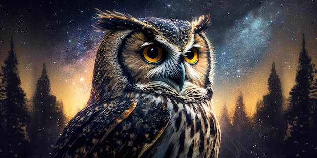 Le hibou entouré de forêt la nuit