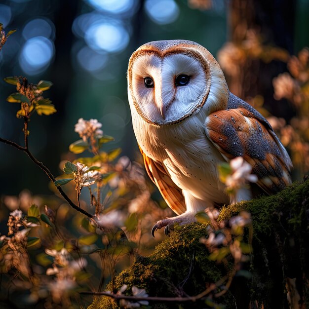 Photo un hibou est assis sur un arbre avec le soleil qui brille sur lui