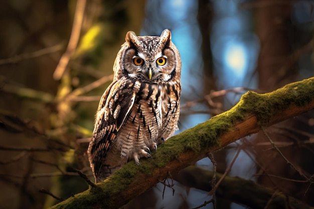 Un hibou est assis sur une branche d'arbre sur un arrière-plan flou généré par l'IA