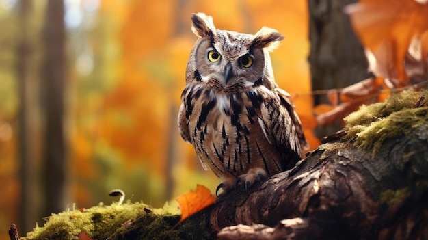 un hibou est assis sur une branche d'arbre dans une forêt.