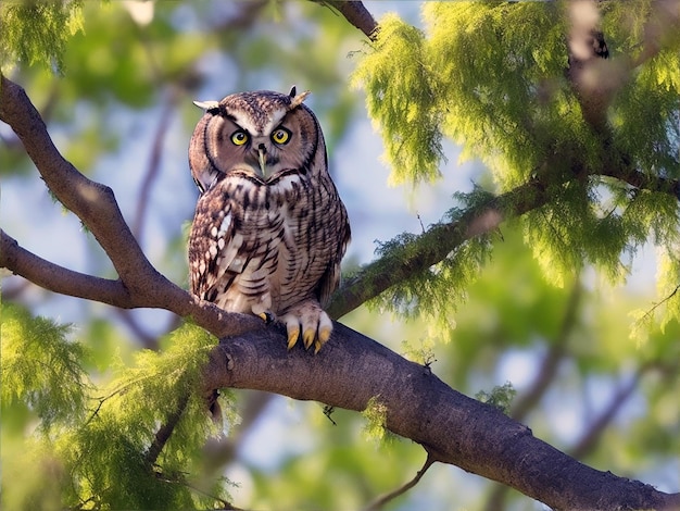 Un hibou est assis sur une branche d'arbre vert par une claire journée d'été