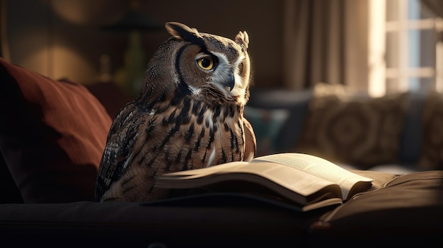 Un hibou est assis sur un canapé à côté d'un livre