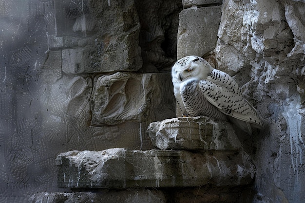 un hibou est assis sur une structure en pierre avec un fond en pierre