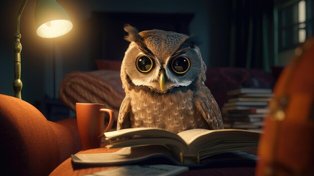 Un hibou est assis à une table devant un livre.