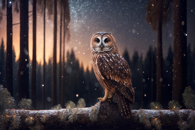 Le hibou est assis sur le tronc d'un arbre tombé au milieu de la forêt nocturne sur fond d'étoiles et de lune AI générative