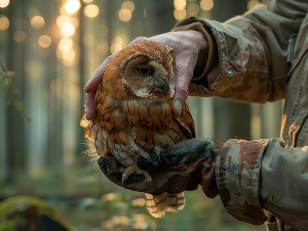 Photo un hibou eurasien tenu dans une main gantée