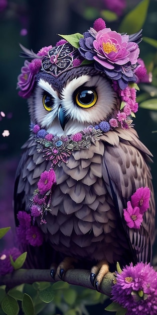 Un hibou fleuri violet avec de grands yeux est assis sur une branche